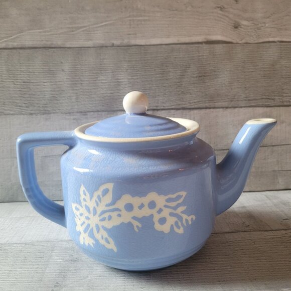 Vintage Cameoware Blue Floral Ceramic Teapot With Lid 6 Cup Capacity White Detai - Picture 6 of 6